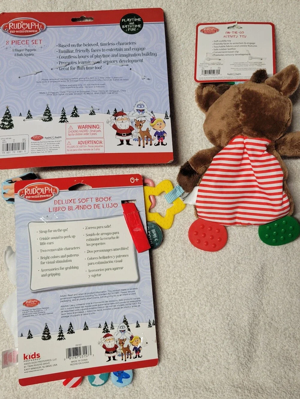 Rudolph the Red-Nosed Reindeer Finger Puppets Bath Squirts Soft Book Toy Lot NEW